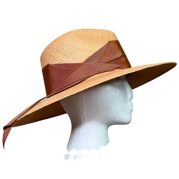 Freya | Gardenia Panama Straw Hat Tan Wide Brim Brown Ribbon Detail Size S/M main image 7